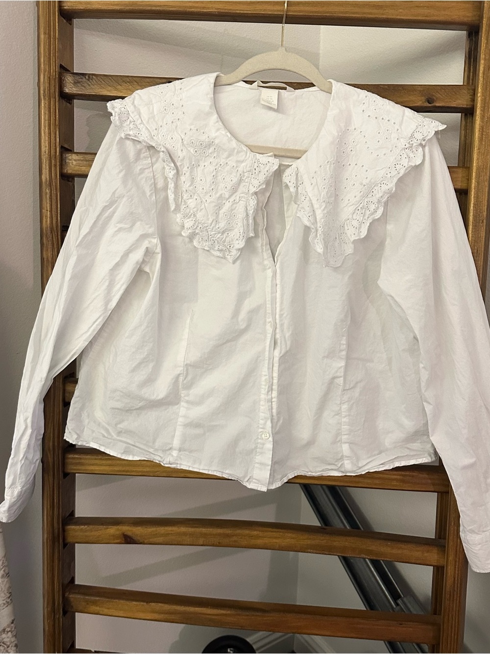 H&M White Eyelet Ruffle Peter Pan Collar Button-Down Shirt